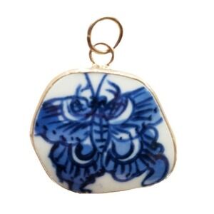 Blue and White Porcelain Butterfly Pottery Shard Pendant Silver Tone Artisan